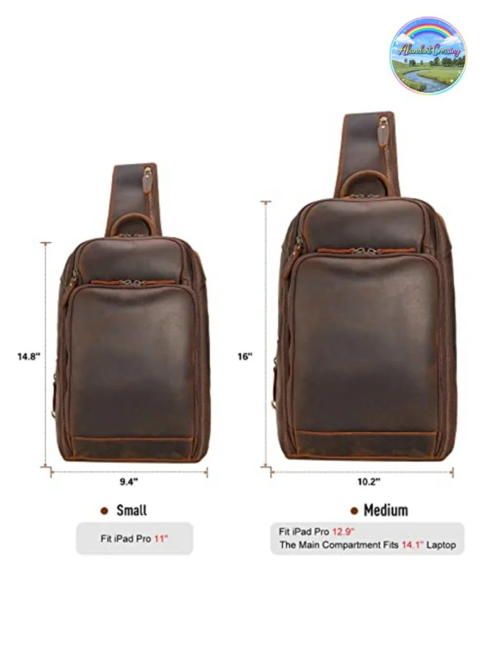 Men's Leather Sling Backpack Travel Hiking Daypack with YKK Zippers